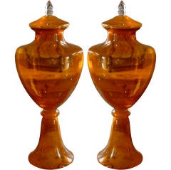 Vintage Spectacular Pair Of Monumental Oragne Apothecary Jars With Lids
