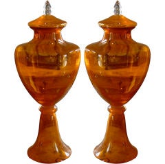 Used Spectacular Pair Of Monumental Oragne Apothecary Jars With Lids