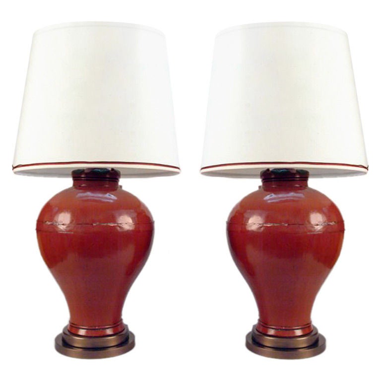 One Pair Chinese Lacquered Elm Grain Jars Table lamps Great color and form.