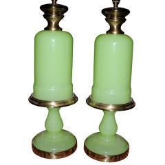 Spectacular Pair Of Apple Green Opaline Table Lamps