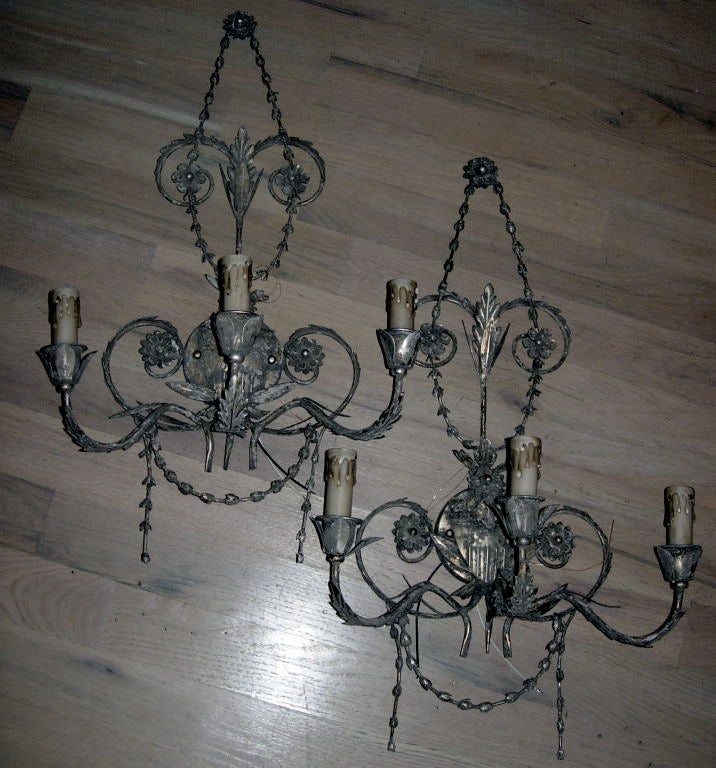 Louis XVI Ten French Tole Three-Light  Wall Sconces With Silver Leaf Finish, Newly Wired. For Sale