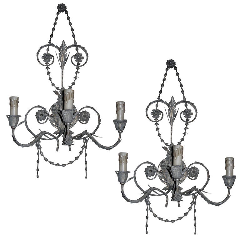 Ten French Tole Three-Light  Wall Sconces With Silver Leaf Finish, Newly Wired.