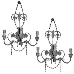 Vintage Ten French Tole Three-Light  Wall Sconces With Silver Leaf Finish, Newly Wired.