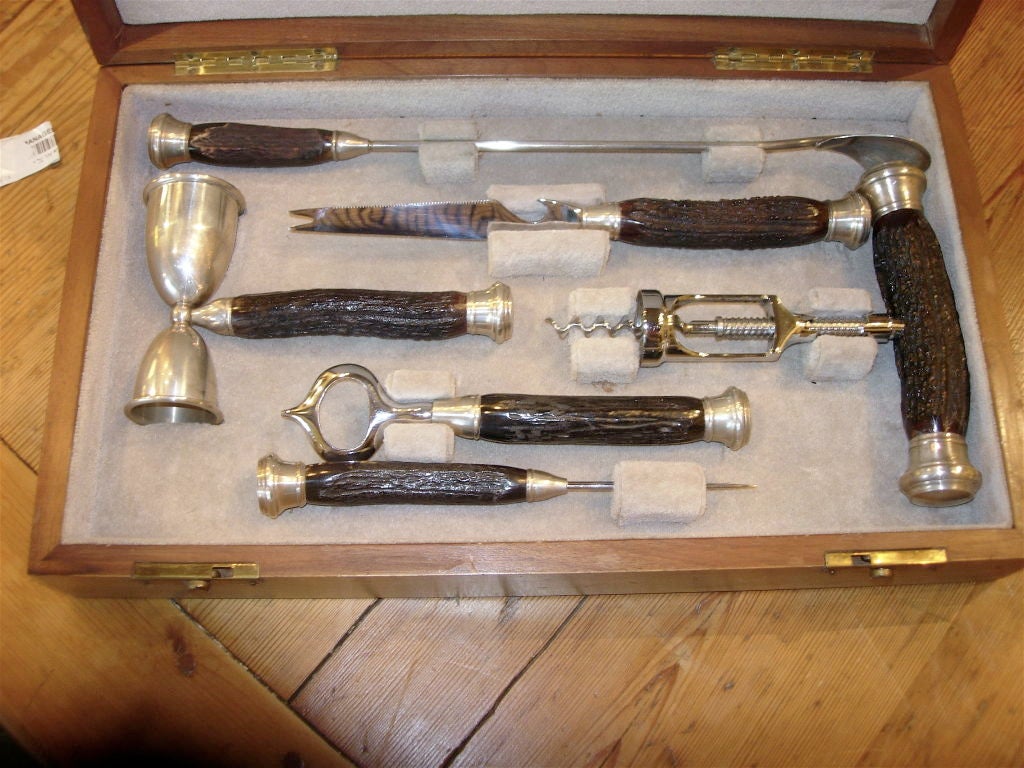 Exceptional Six Piece Sterling Silver, Horn & Chrome Bar Set