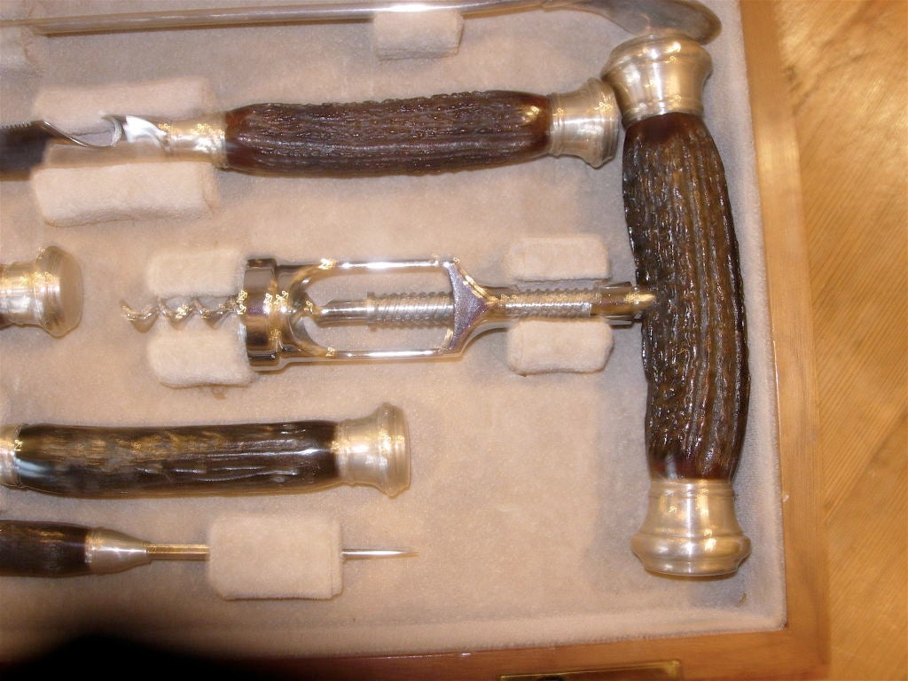 19th Century Exceptional Six Piece Sterling Silver, Horn & Chrome Bar Set