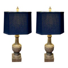 New Pair Of Wood Balastrudes Mounted As Lamps With Silk Shades