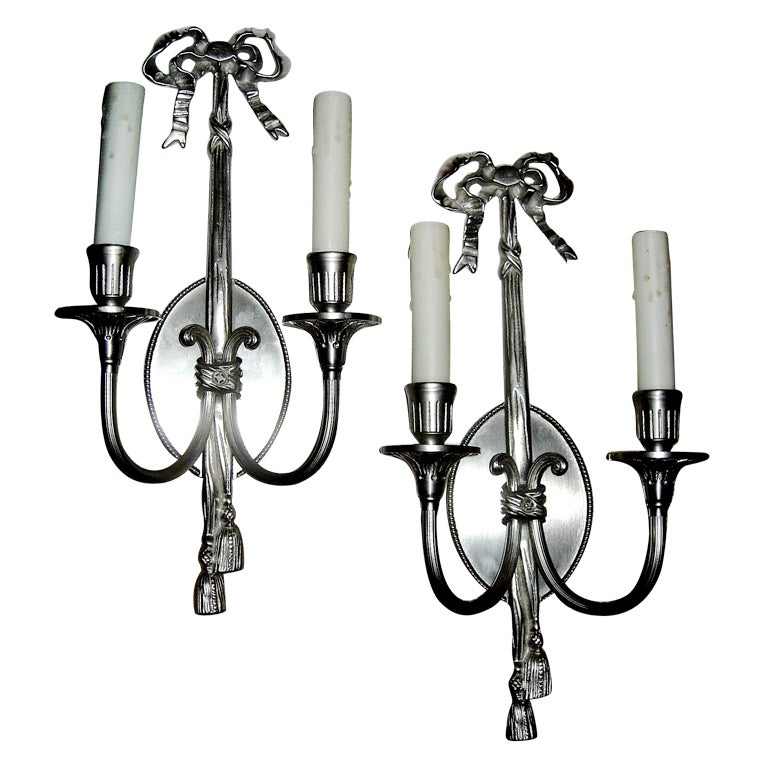 One Pair of Louis XV Style Two-Arm Wall Sconces with Silver Finish, Very Elagant For Sale