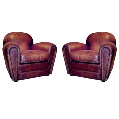 One Pair Of English Deco Style Distressed Leather Club Chairs