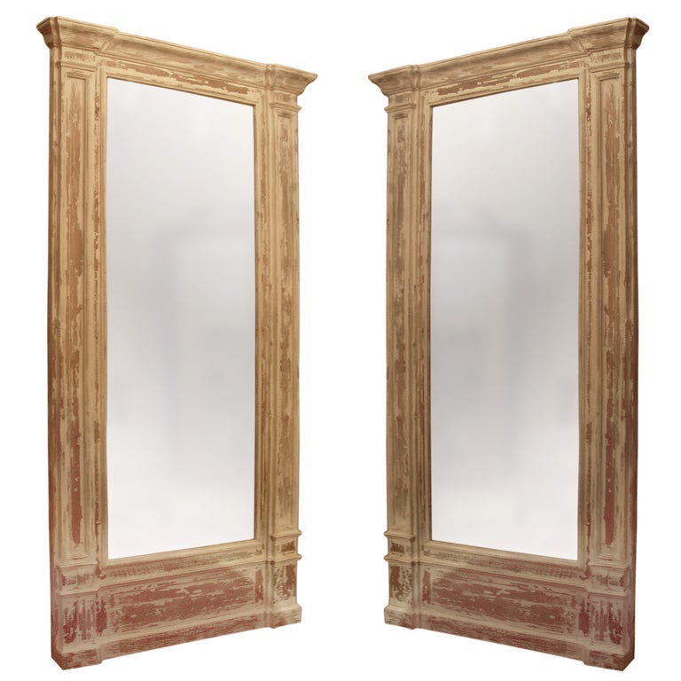 One Pair Of Monumental Pine Framed Mirrors With Worn Painted Fin at 1stdibs