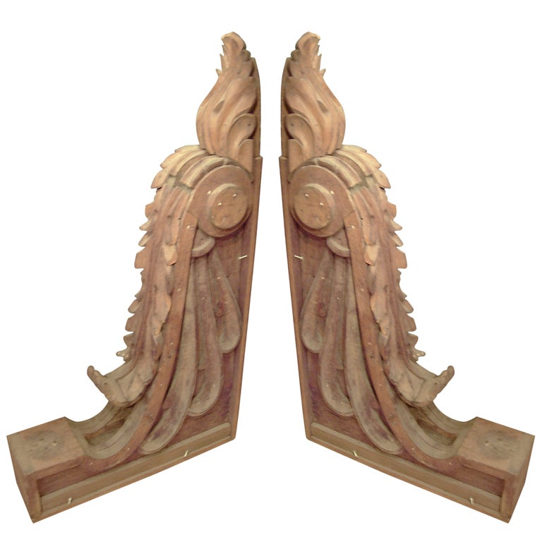 Monumental Pair of Carved Pine Corbels For Sale