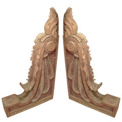 Vintage Monumental Pair of Carved Pine Corbels