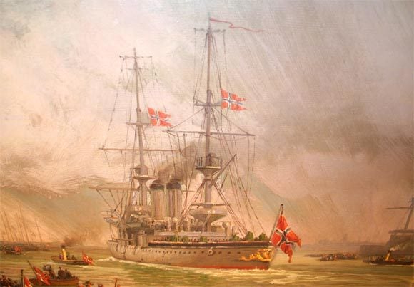 Anglais Huile sur toile de Wilhem Karl Arnesen représentant des navires de bataille britanniques en vente