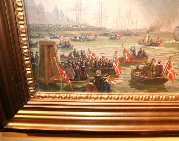 Huile sur toile de Wilhem Karl Arnesen représentant des navires de bataille britanniques Excellent état - En vente à Buchanan, MI