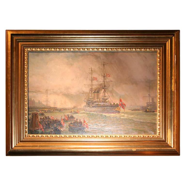 Huile sur toile de Wilhem Karl Arnesen représentant des navires de bataille britanniques en vente