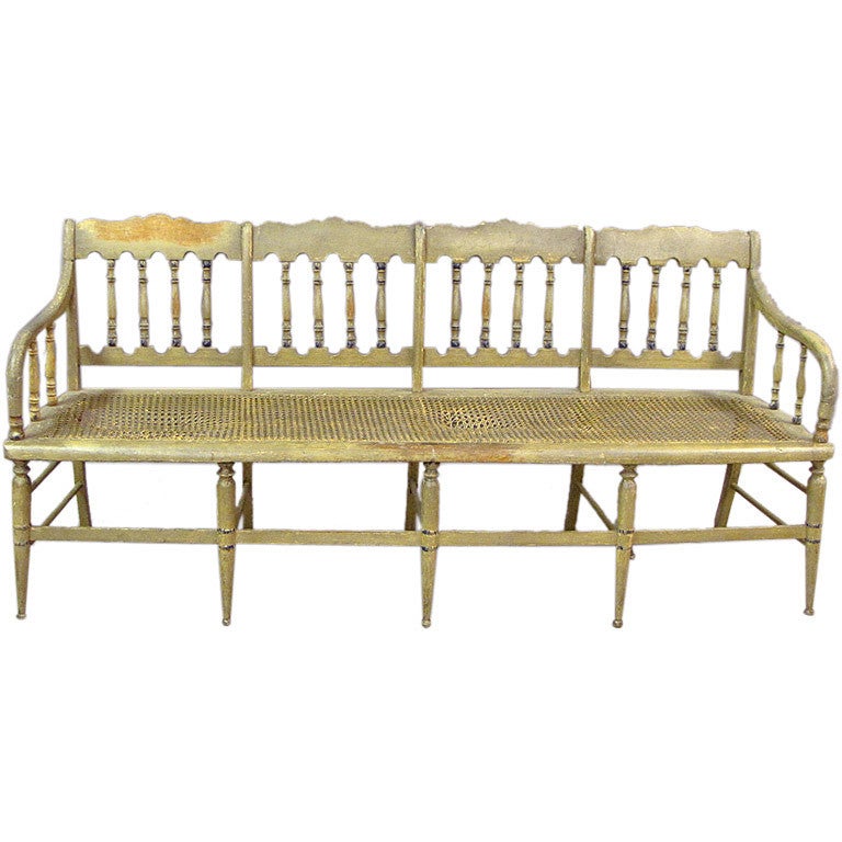 Early 19th Century Painted Pine Spindle Back Deacons Bench.