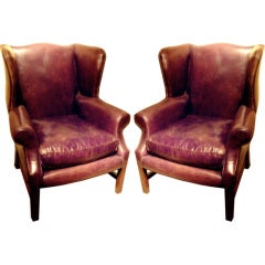 Vintage English Style Wing Back Club Chairs With Distressed Leather