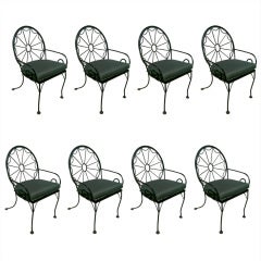 Set Of Eight English Style Wheel Back Iron Arm Chairs