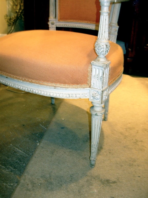 One pair 19th century Louis XV style painted fauteuils, wonderful old worn finish with great patina, very comfortable.