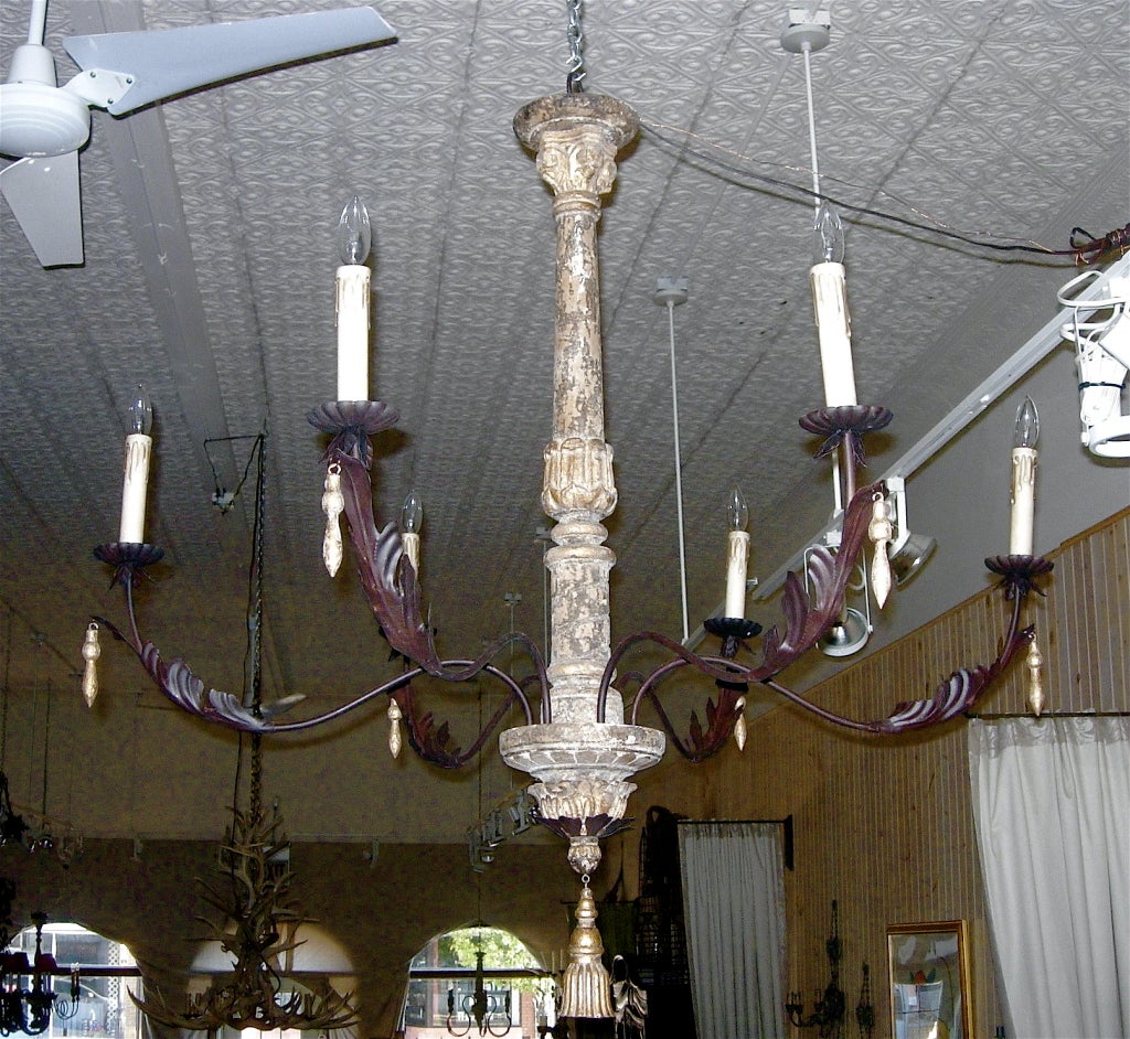 One pair of monumental Italian style six-arm chandeliers, lovely worn finish with nice patina.  Priced per chandelier.  
