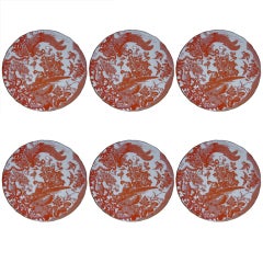 Set Of Six Royal Crown Derby Dinner Plates, Red Aves Pattern