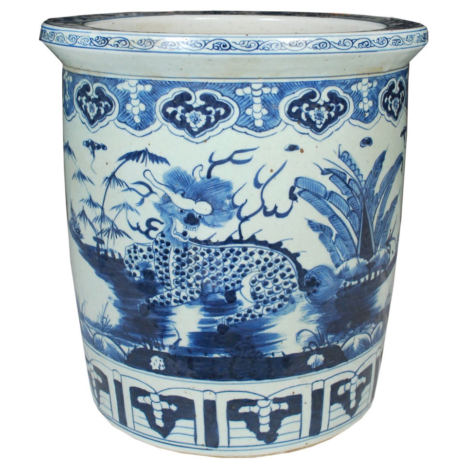 Chinese Blue and White Scroll Jar with Lions