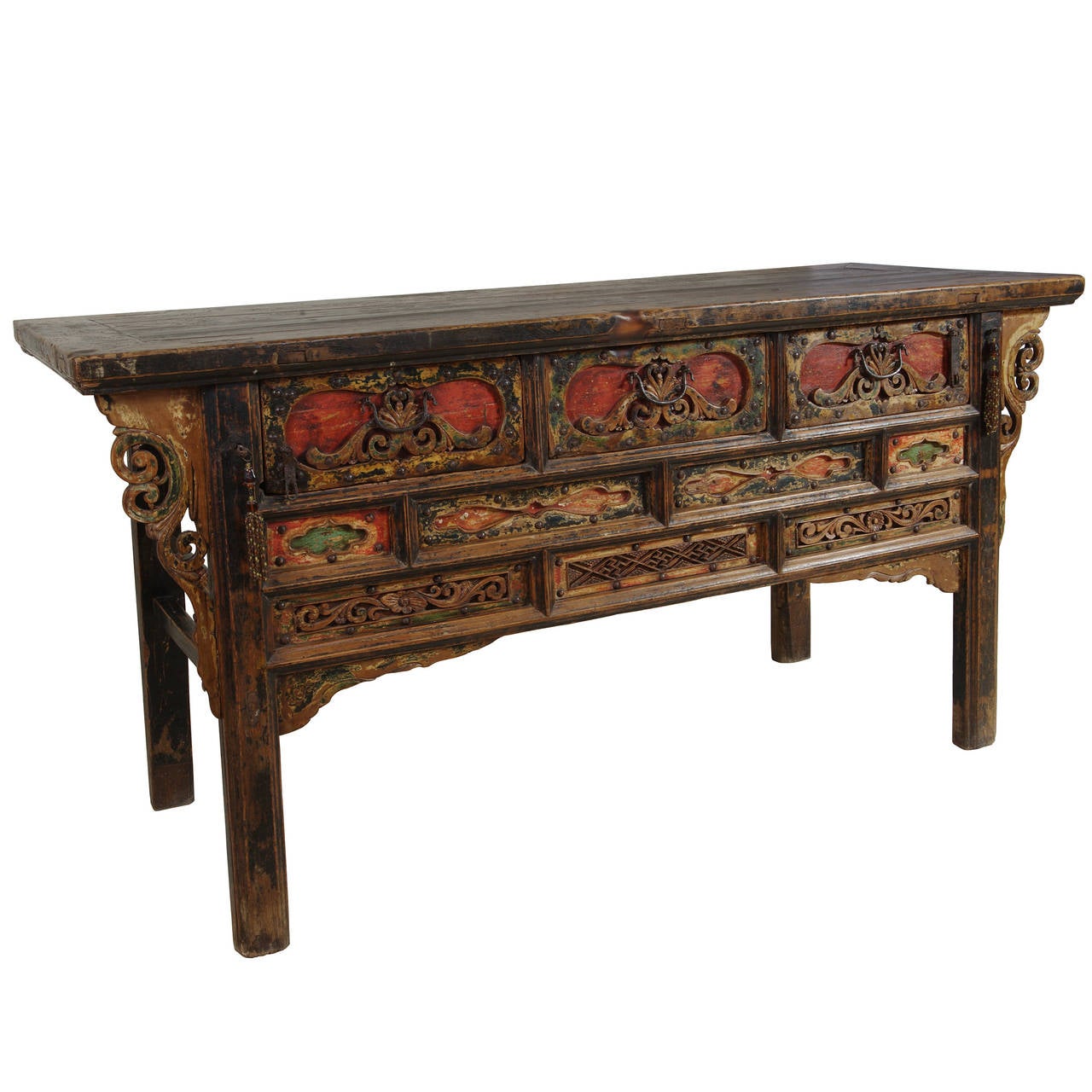 A c.1800 painted coffer from Shanxi Province, China with carved drawers, aprons, and spandrels made of Chinese Northern Elmwood.

Pagoda Red Collection # PD66724212