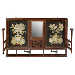 Early 20th Century Chinese Hat Rack with Mirror and Trapunto Silk