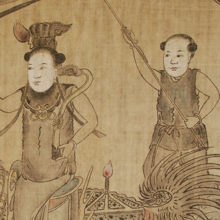 Early 20th century Chinese painted canvas panel depicting to figures atop a Qilin.

Pagoda Red Collection # T061