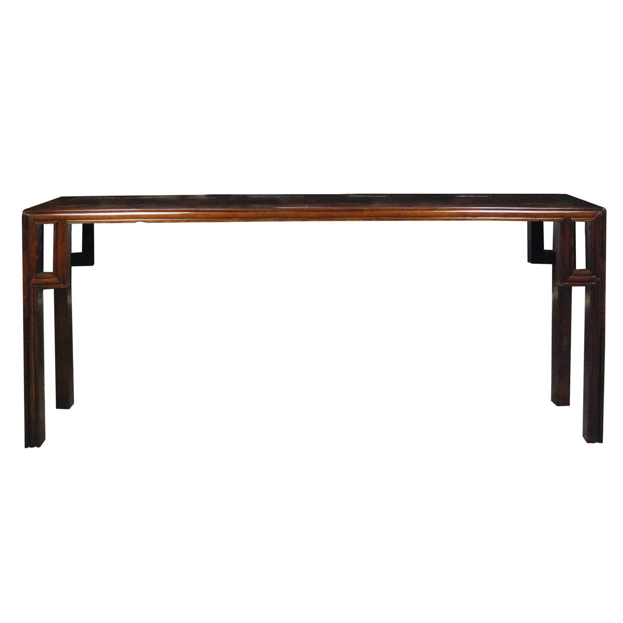 A 19th century Chinese lacquered walnut altar table with square spandrels, square legs and simple carved beading.

