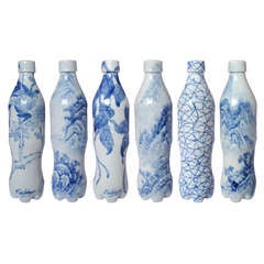 Set of Hand Painted Six Blue and White Cola Bottles by Taikkun Li