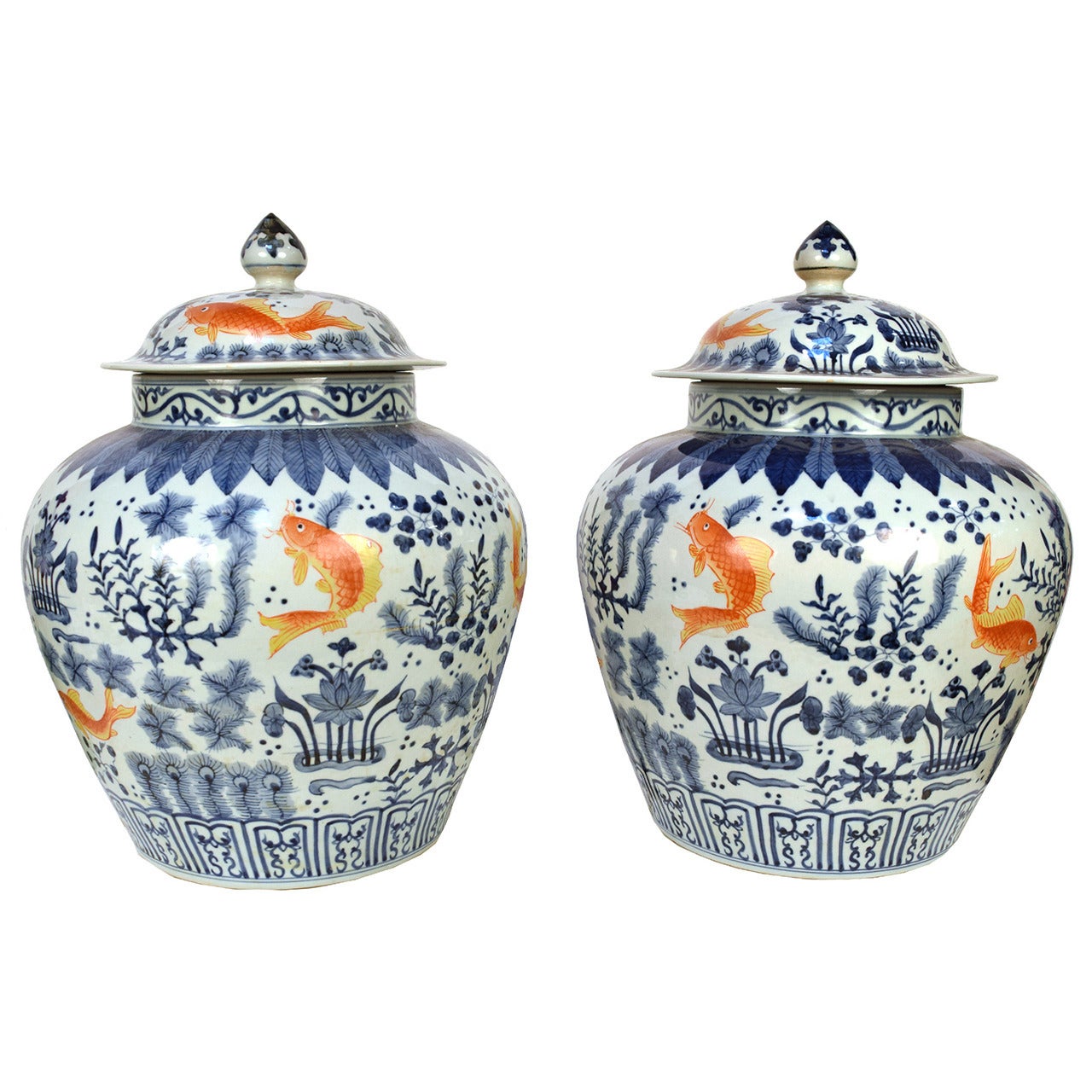 Pair of Chinese Blue and White Covered Jar with Fish and Floral Motif