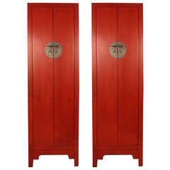 Pair of Narrow Red Lacquer Two Door Cabinets