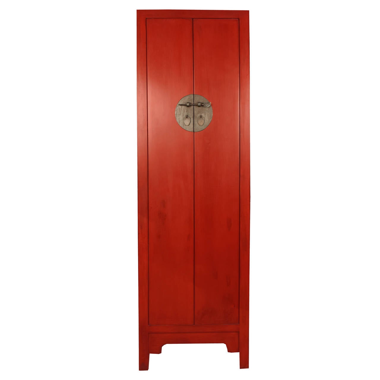 A pair of c. 1900 narrow red lacquer two door cabinets from Hebei Province, China with three interiors shelves and brass hardware.

Pagoda Red Collection # BJDD027