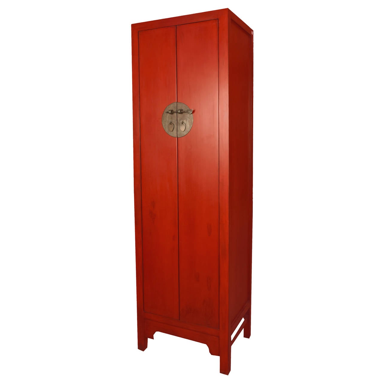 Qing Pair of Narrow Red Lacquer Two Door Cabinets