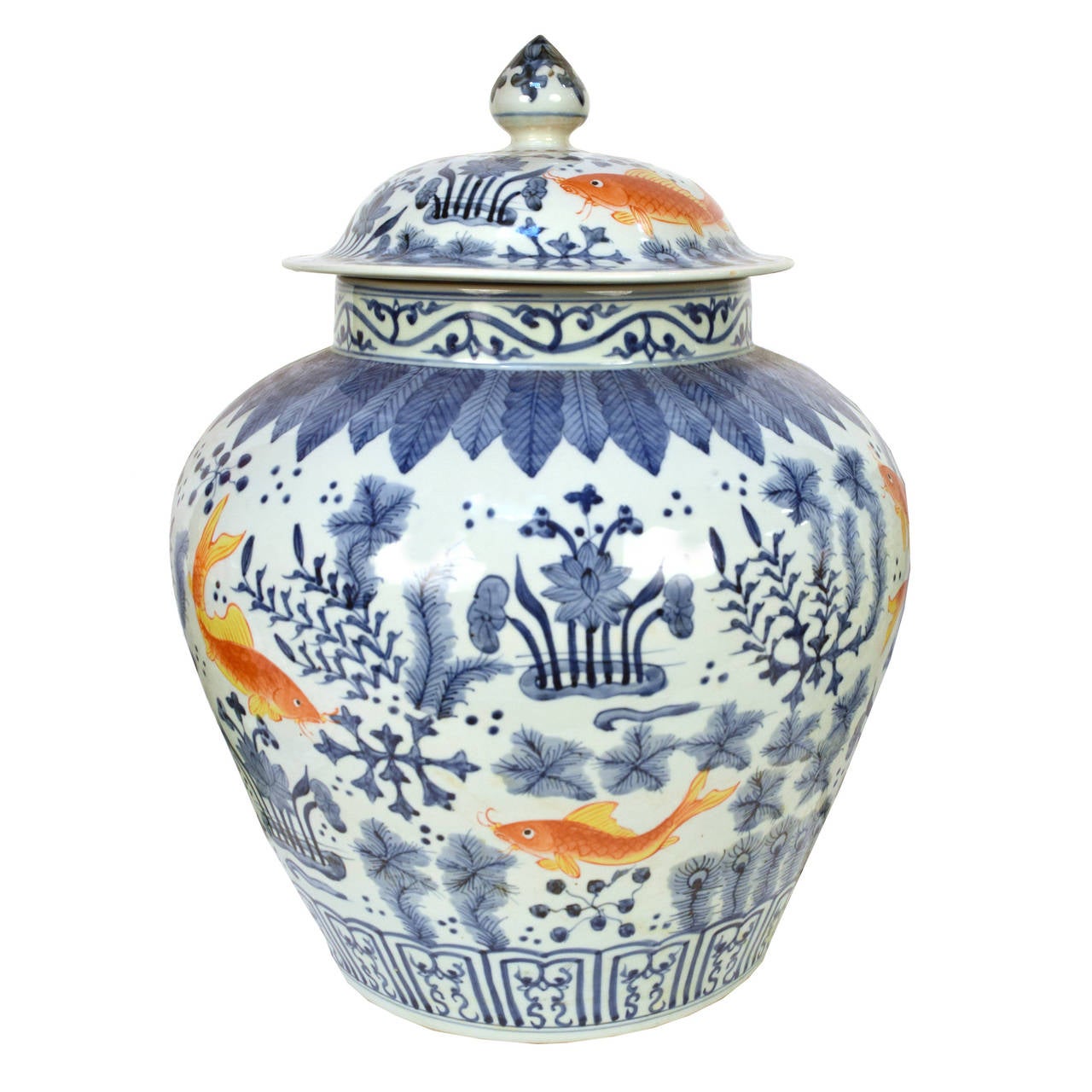 20th Century Pair of Chinese Blue and White Covered Jar with Fish and Floral Motif