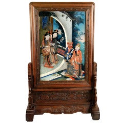 19th Century Chinese Table Screen with Reverse Glass Painting and Mirror