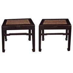 Pair of Early 20th Century Chinese of Rattan Top Black Lacquer Stools 2