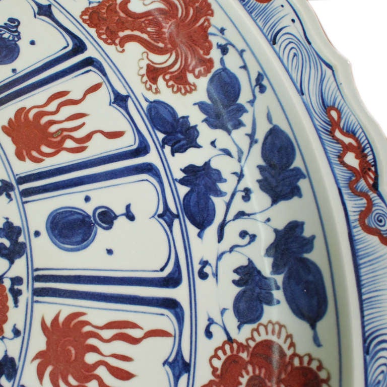 Chinese Monumental Blue, White, and Copper-Red Platter with Phoenix and Peonies