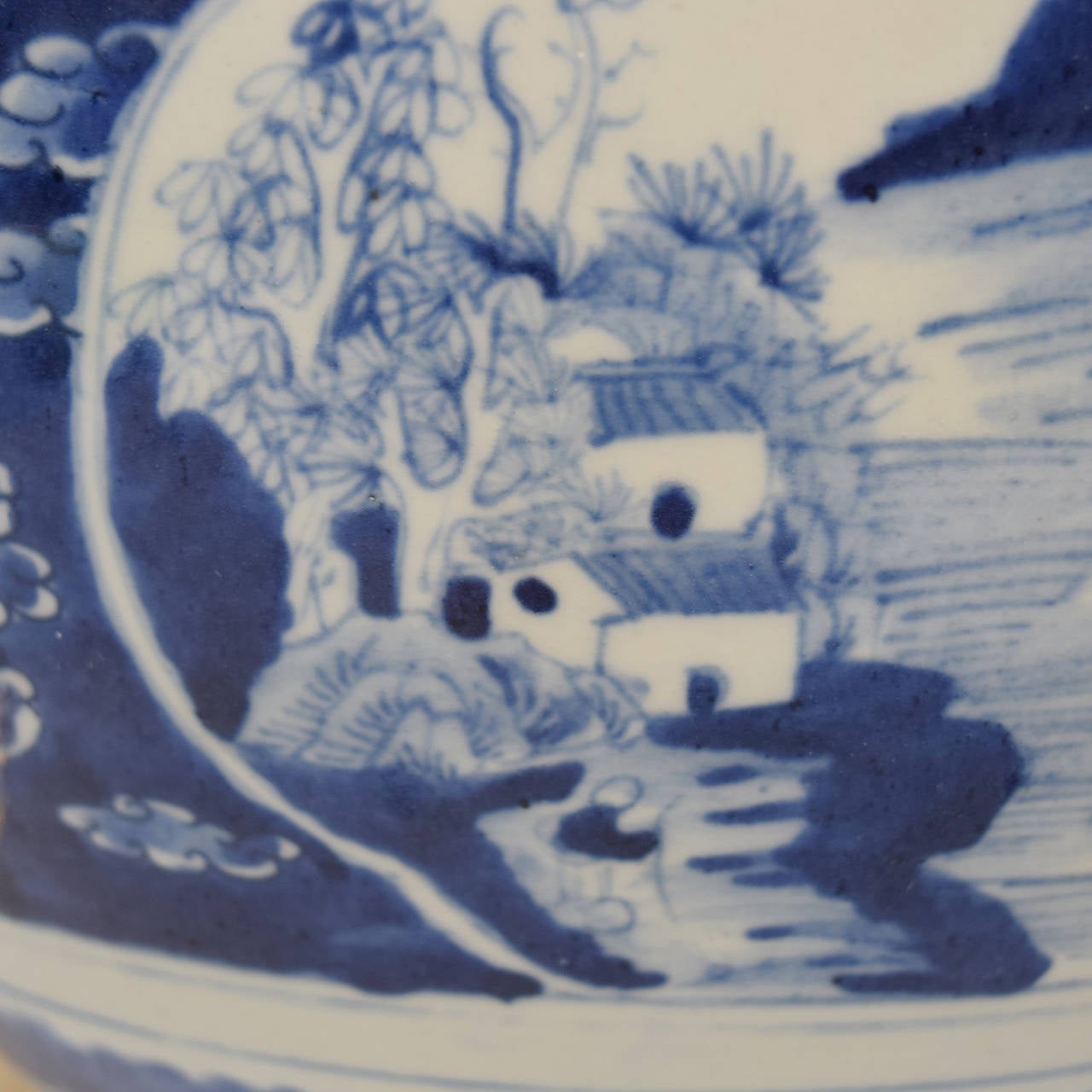 Chinese Blue and White Bowl with Landscape Scene and Dragons Amongst Clouds 1