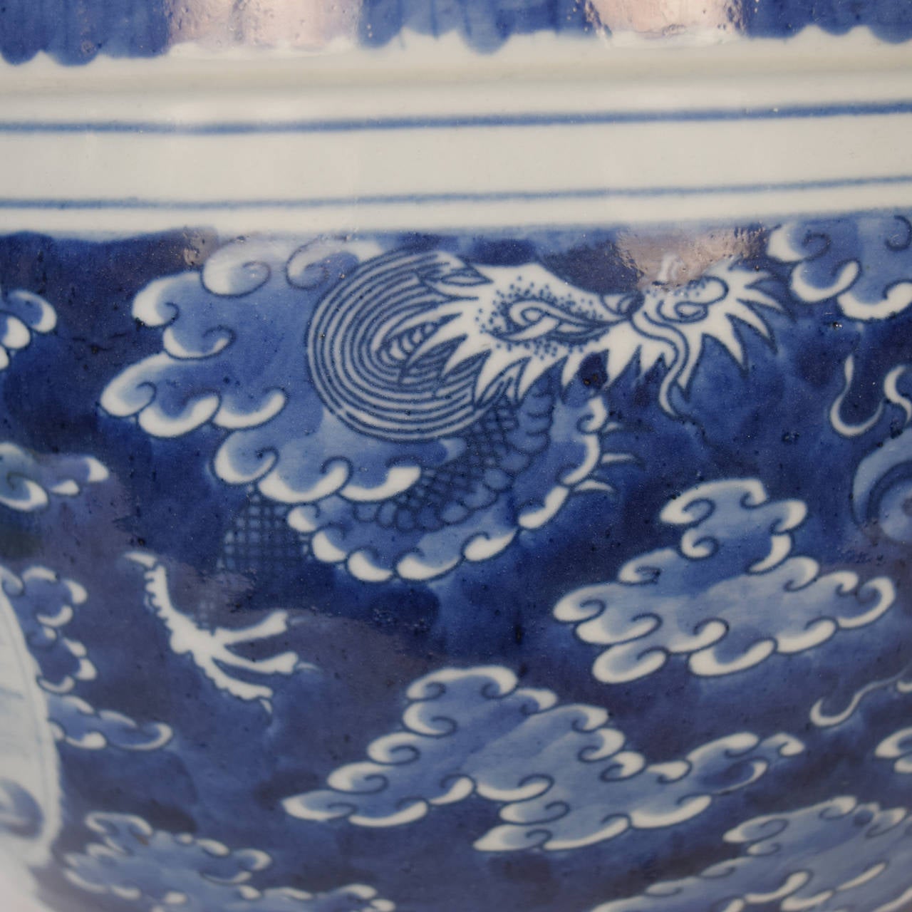 Ceramic Chinese Blue and White Bowl with Landscape Scene and Dragons Amongst Clouds