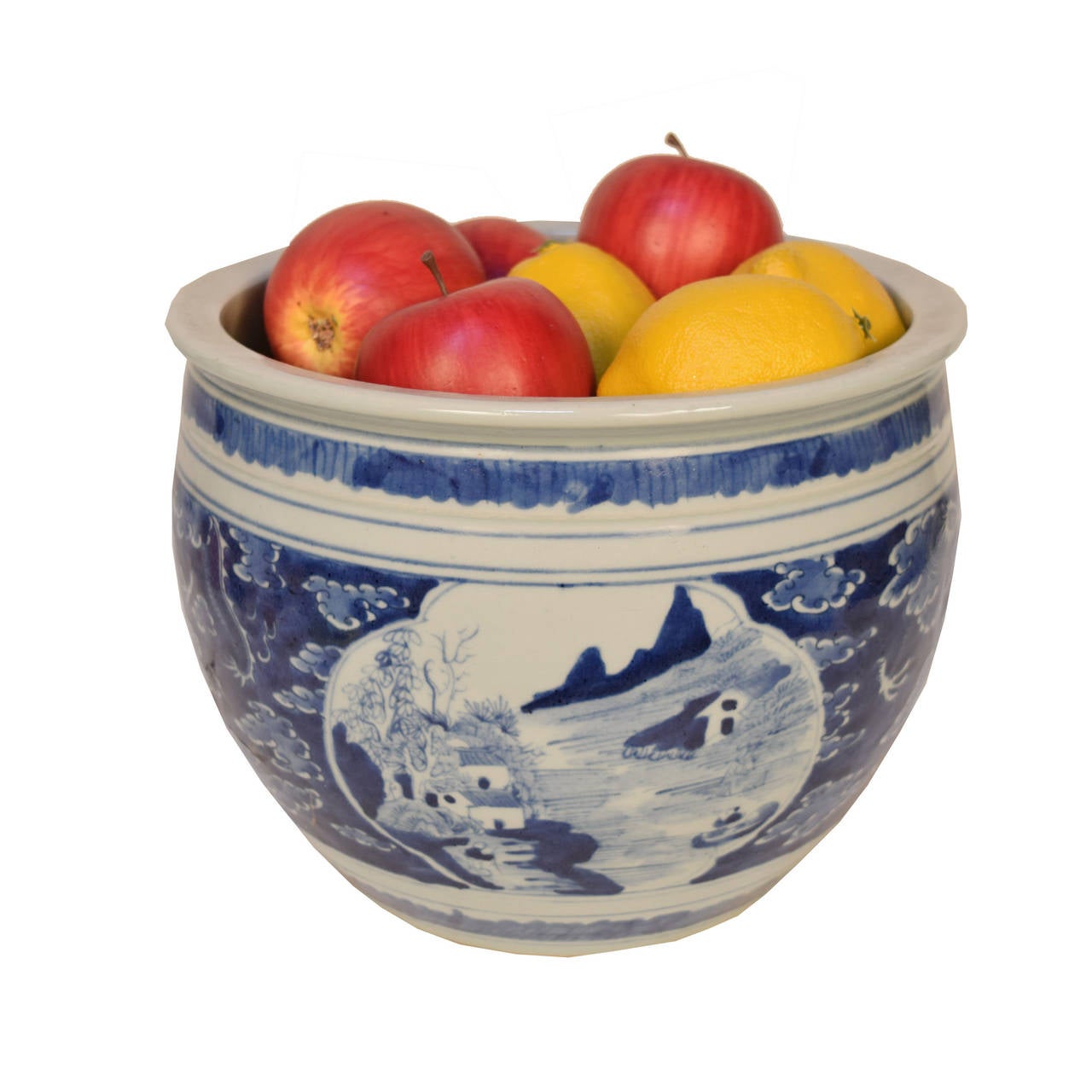 20th Century Chinese Blue and White Bowl with Landscape Scene and Dragons Amongst Clouds