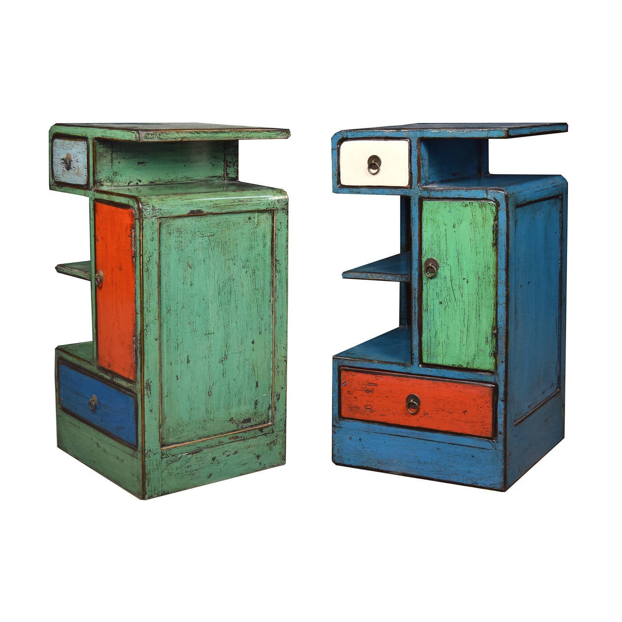 A pair of pine color block cabinets from Tianjin, China. Each cabinet has two drawers, one door, and three shelves.

Pagoda Red Collection # BJD030