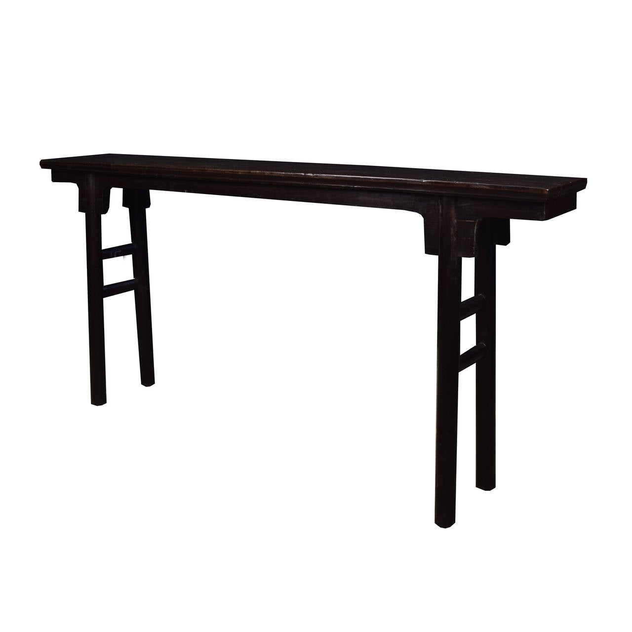 A shallow Chinese Northern Elmwood altar table from Henan Province, China with inset legs, double stretchers, and simple spandrels. 

Pagoda Red Collection # DVE004