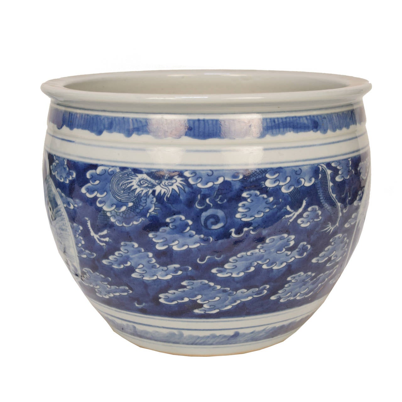Chinese Blue and White Bowl with Landscape Scene and Dragons Amongst Clouds In Excellent Condition In Chicago, IL