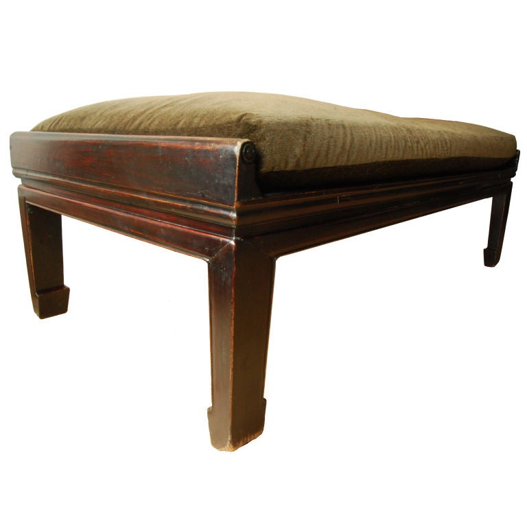 A 19th century Chinese elmwood daybed with scrolled everted ends, woven jute seat, and a custom down wrapped foam cushion.<br />
<br />
Pagoda Red Collection #:  CMTY001<br />
<br />
<br />
Keywords:  Bench, stool, daybed, bed, chaise, lounge