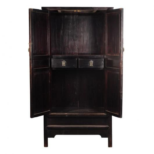 An early 19th century Chinese black lacquer elmwood cabinet with two doors, two drawers and brass hardware.<br />
<br />
Pagoda Red Collection #:  Y157<br />
<br />
<br />
Keywords:  Cabinet, armoire, cupboard, linen press, storage, closet