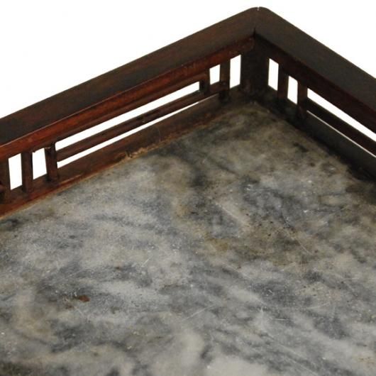 An 18th century Chinese scholars' rosewood and marble document tray with intricate geometric latticework sides.<br />
<br />
Pagoda Red Collection #:  PHC004<br />
<br />
<br />
Keywords:  Tray, desk accessory, desk set, Chinese, scholars