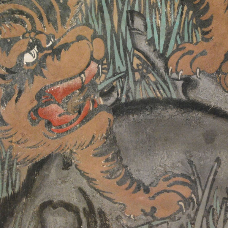 An 18th century Korean pigment on plaster painting depicting two tigers fighting over a freshly killed wild boar.<br />
<br />
Pagoda Red Collection #:  BTA004<br />
<br />
<br />
Keywords:  Painting, art, wall hanging, decorative