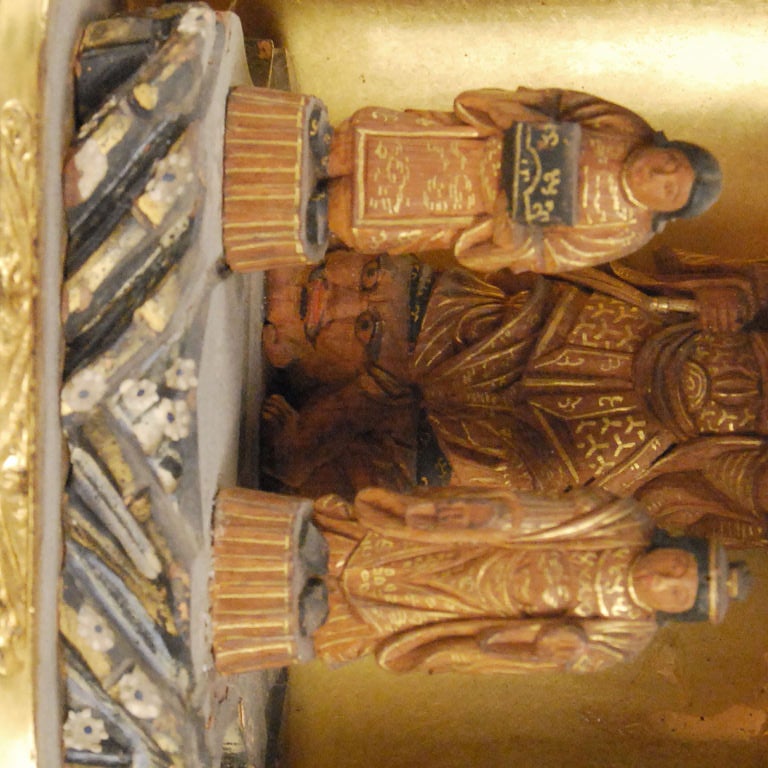 An 18th/19th century Japanese red lacquer traveling shrine depicting the god Bishamonten (God of war, warriors and wealth) and two attendants.  <br />
<br />
Pagoda Red Collection #:  BTA023<br />
<br />
<br />
Keywords:  Shrine, Buddhism,
