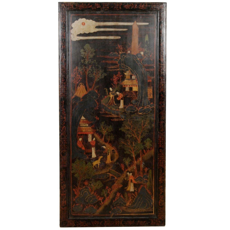 A 17th century Chinese Ming double-sided painted panel depicting a detail of a garden landscape with phoenix and birds in flight amidst schoalrs' rocks on one side, and noble women in summer robes in a courtyard landscape on the other.

Pagoda Red